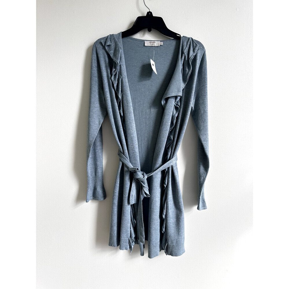 Cream Co Women's Long Ruffle Cardigan belted Misty in Ocean Size XS $149